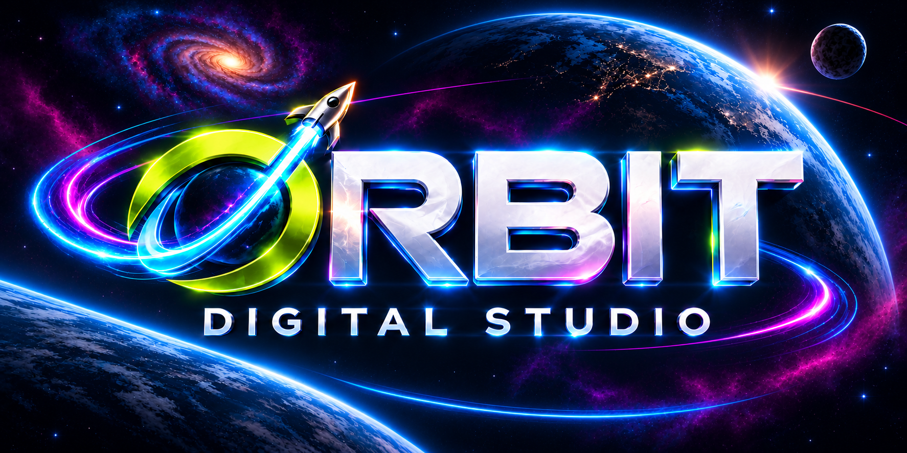 Orbit Digital Studio identity against a richly colored galaxy