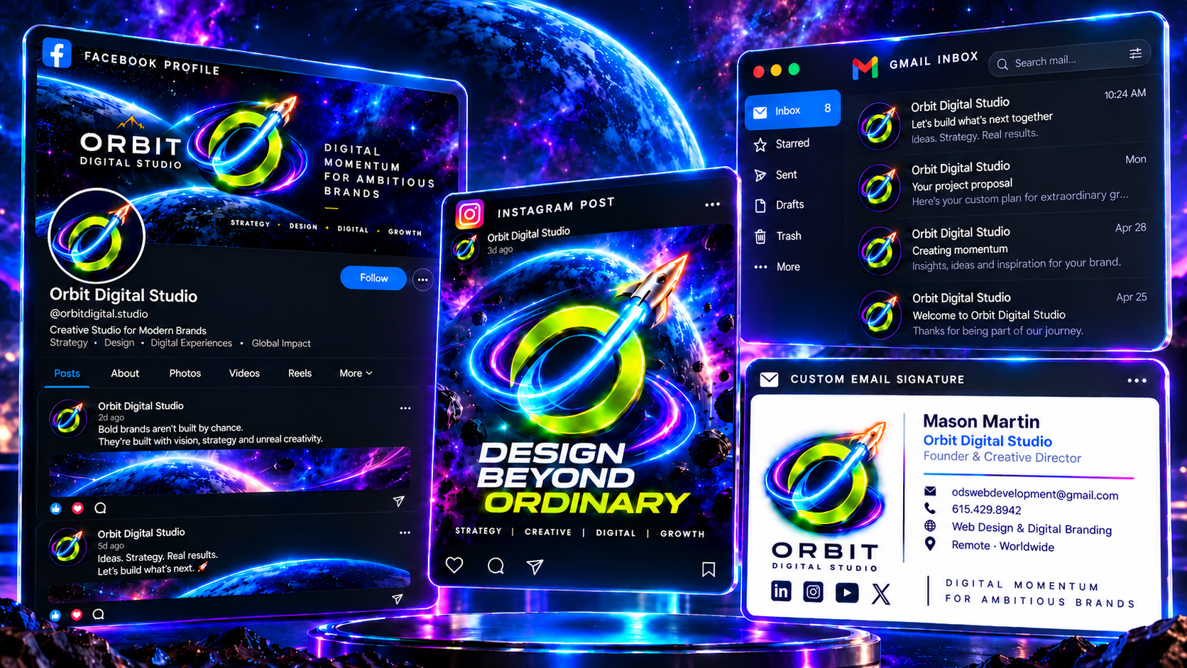Orbit Digital Studio branding examples labeled Facebook profile, Instagram post, Gmail inbox, and custom email signature