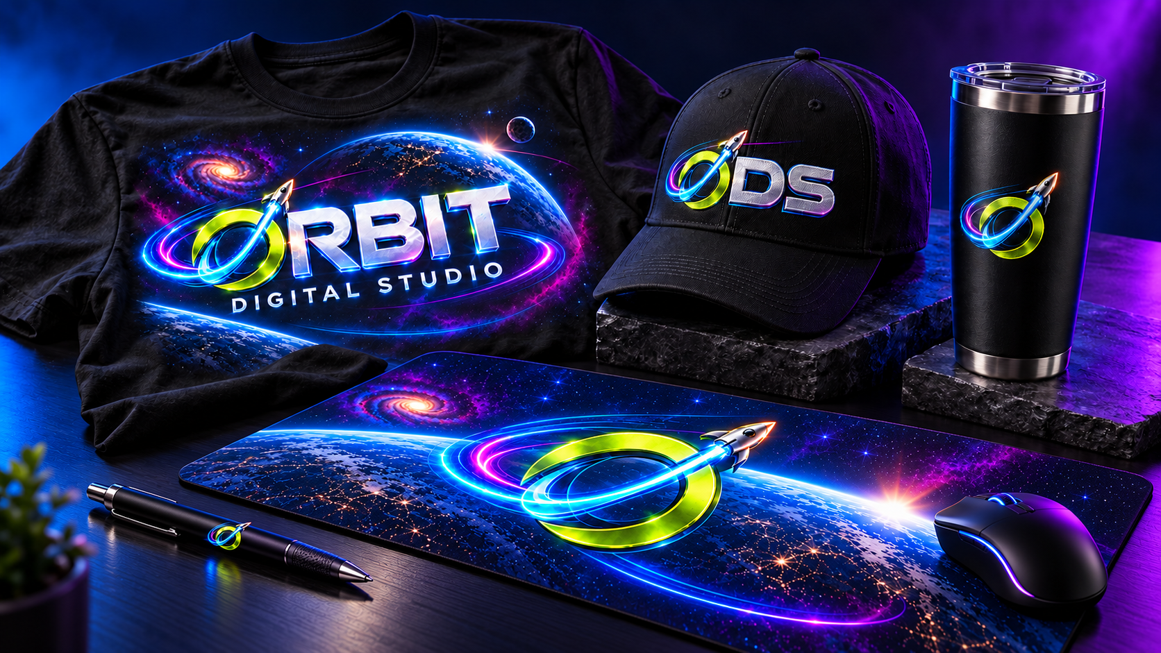 Orbit identity applied to shirt, hat, tumbler, mouse pad, and pen