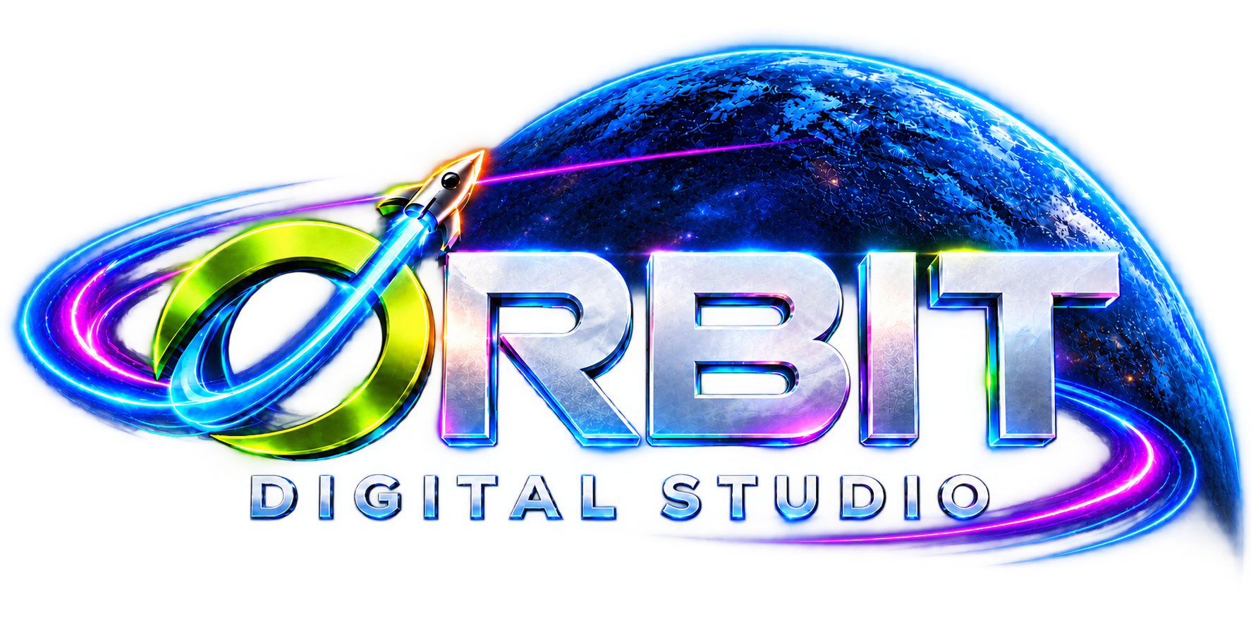 Orbit Digital Studio official logo: lime orbital O with a rocket, silver lettering, and a glowing blue planet