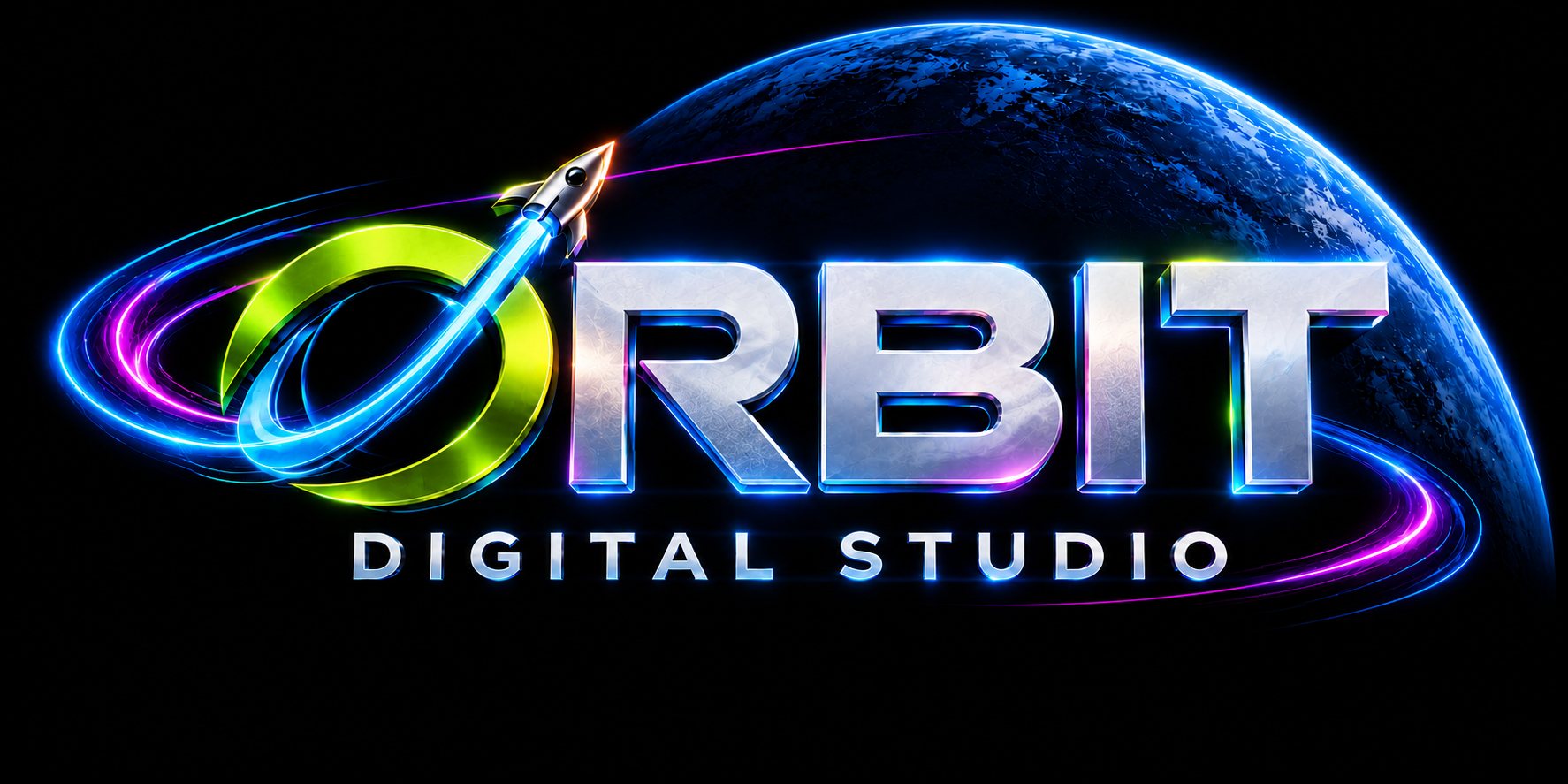 Orbit Digital Studio official logo: lime orbital O with a rocket, silver lettering, and a glowing blue planet